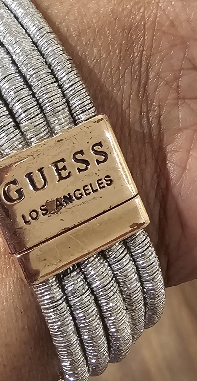 GUESS Silver Multi-Strand Bracelet with Gold Logo Clasp